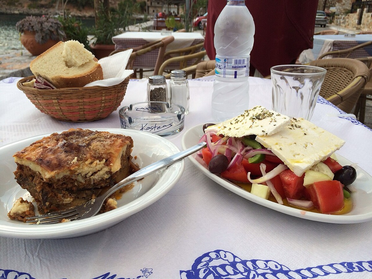 Moussaka and Greek salad at a taverna